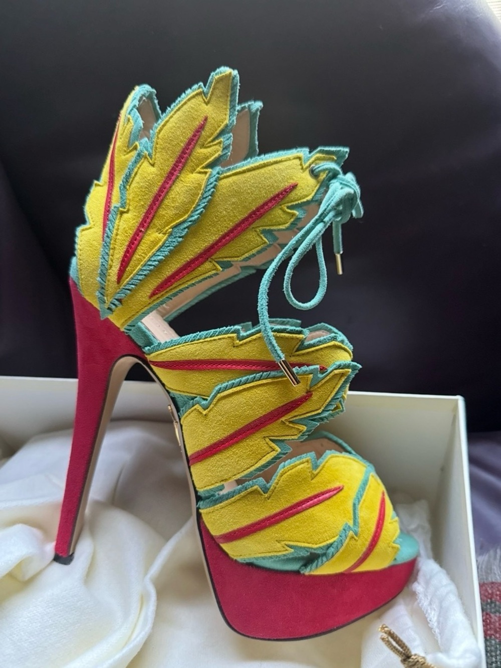 Yellow & Teal Feather-Accent High Heel Sandal